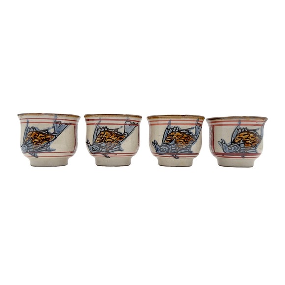Japanese Hand Painted Okinawa  Tsuboya-yaki Pottery Tea Cups Set of Four w Birds - Picture 3 of 12